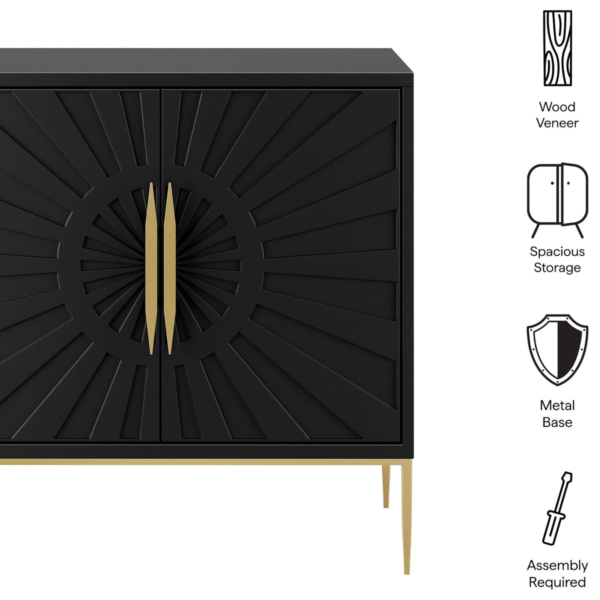 Black sunburst accent cabinet highlighting wood veneer, spacious storage, metal base, and easy assembly. || EEI-7233-BLK || callout_studio