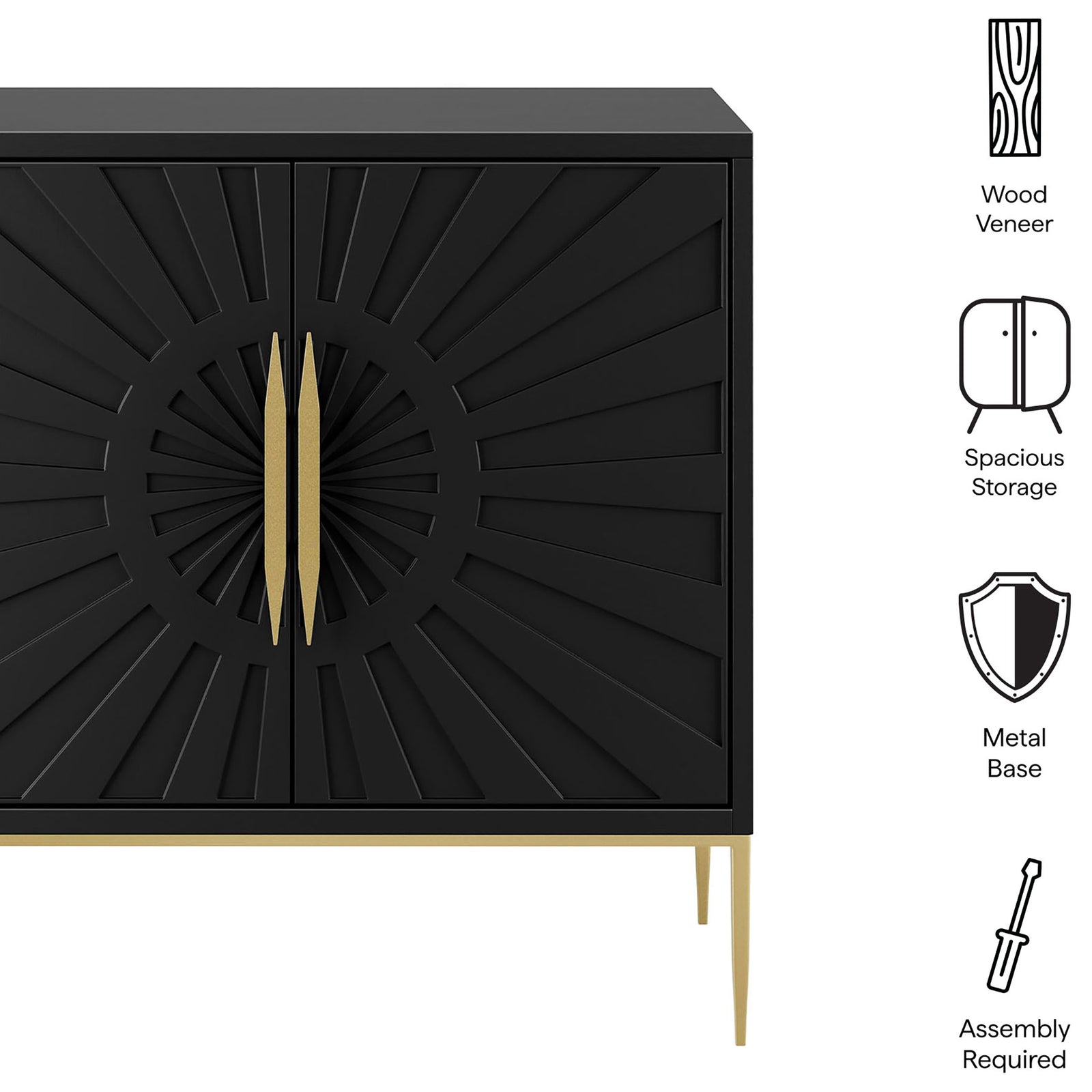 Black sunburst accent cabinet highlighting wood veneer, spacious storage, metal base, and easy assembly. || EEI-7233-BLK || callout_studio