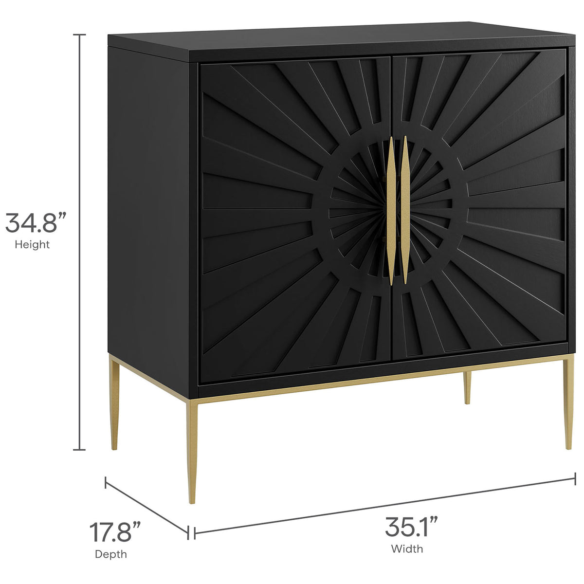 Black sunburst accent cabinet with slim gold legs and labeled height, width, and depth measurements. || EEI-7233-BLK || dimension_studio
