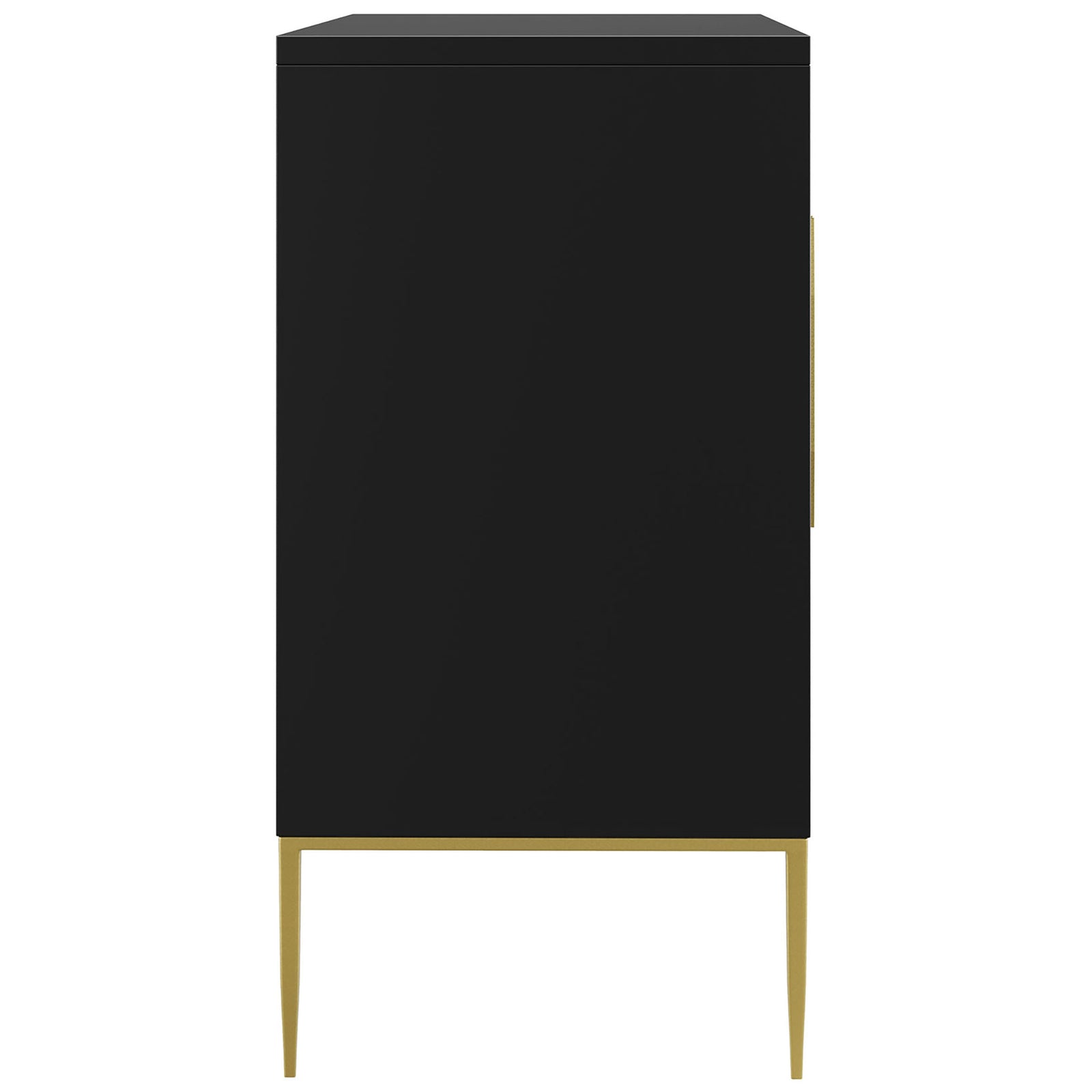 Wide black accent cabinet on tall gold metal legs with smooth, clean-lined panels. || EEI-7234-BLK || side_studio