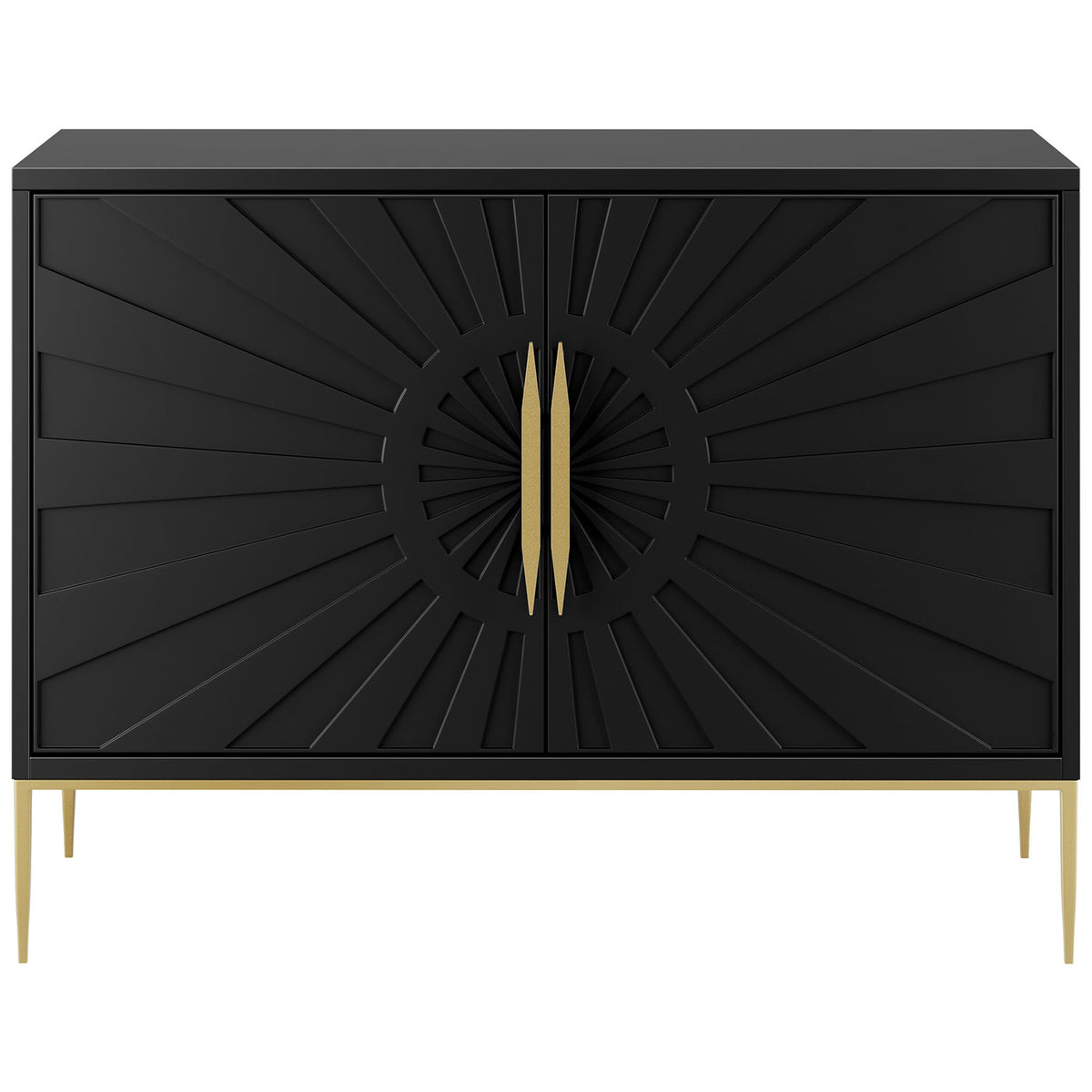 Wide black accent cabinet with dramatic sunburst doors and elongated gold handles. || EEI-7234-BLK || front_studio