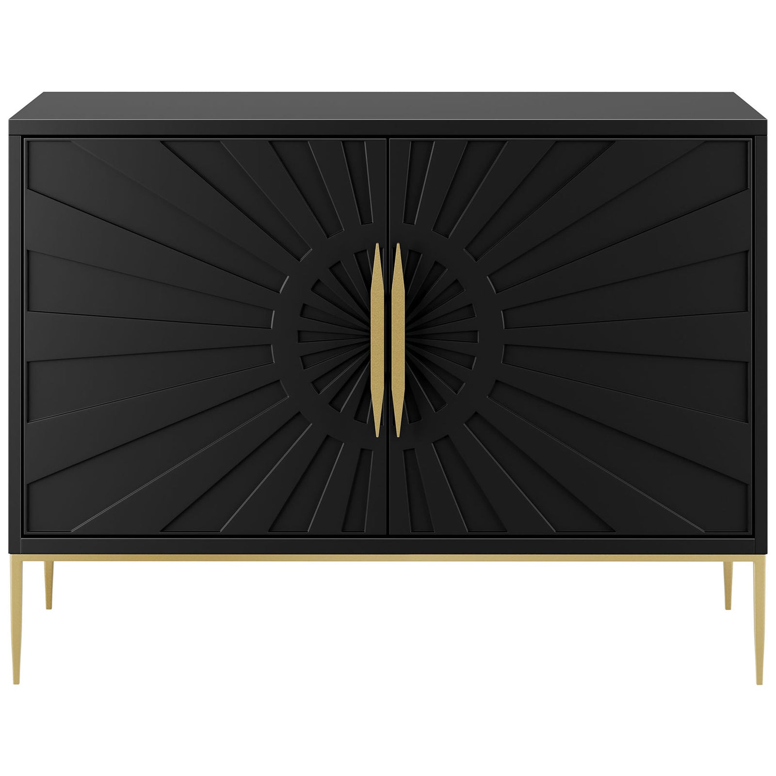Wide black accent cabinet with dramatic sunburst doors and elongated gold handles. || EEI-7234-BLK || front_studio