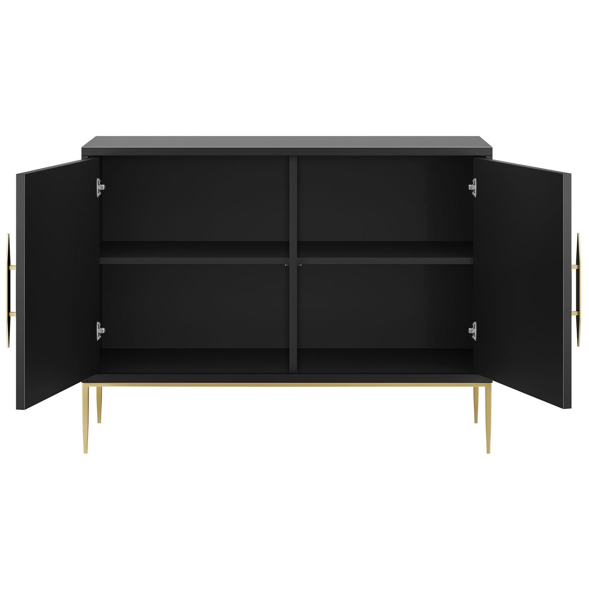 Wide black accent cabinet with both doors open, revealing generous shelving for organized storage. || EEI-7234-BLK || front_open_studio