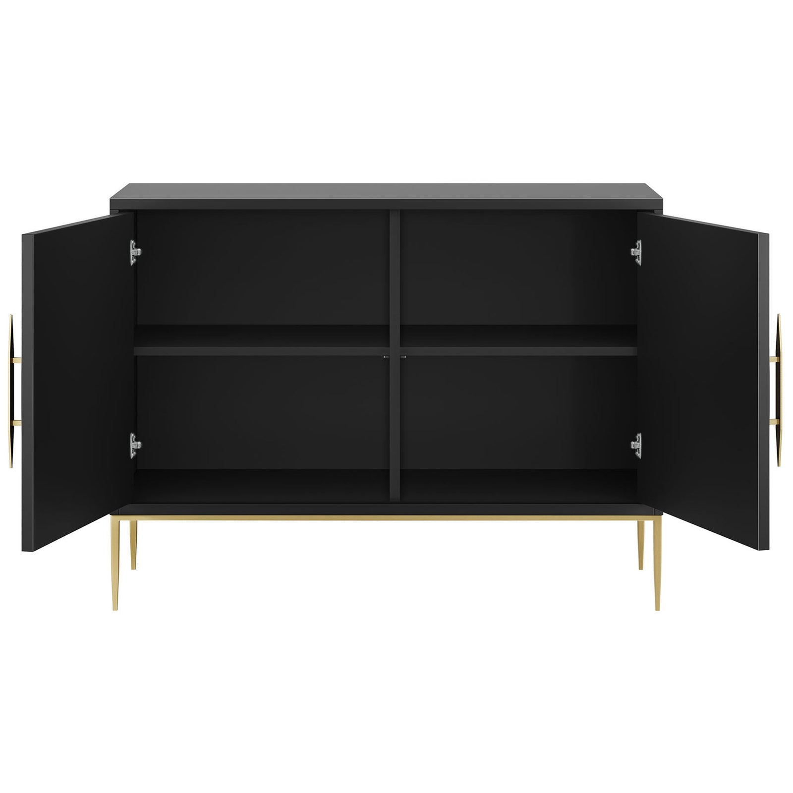 Wide black accent cabinet with both doors open, revealing generous shelving for organized storage. || EEI-7234-BLK || front_open_studio