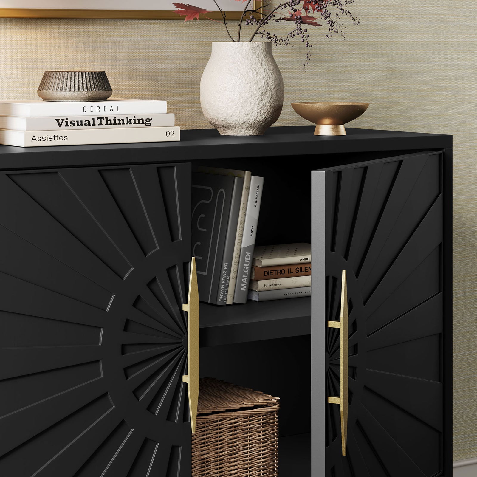 Wide black accent cabinet styled with books and decor, showing open shelves for display and storage. || EEI-7234-BLK || storage_open_room