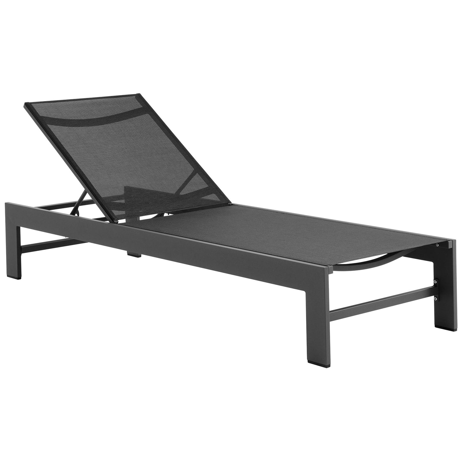 Gray mesh and aluminum chaise lounge with adjustable backrest and open-frame modern base || EEI-7235-GRY || front_angle_studio