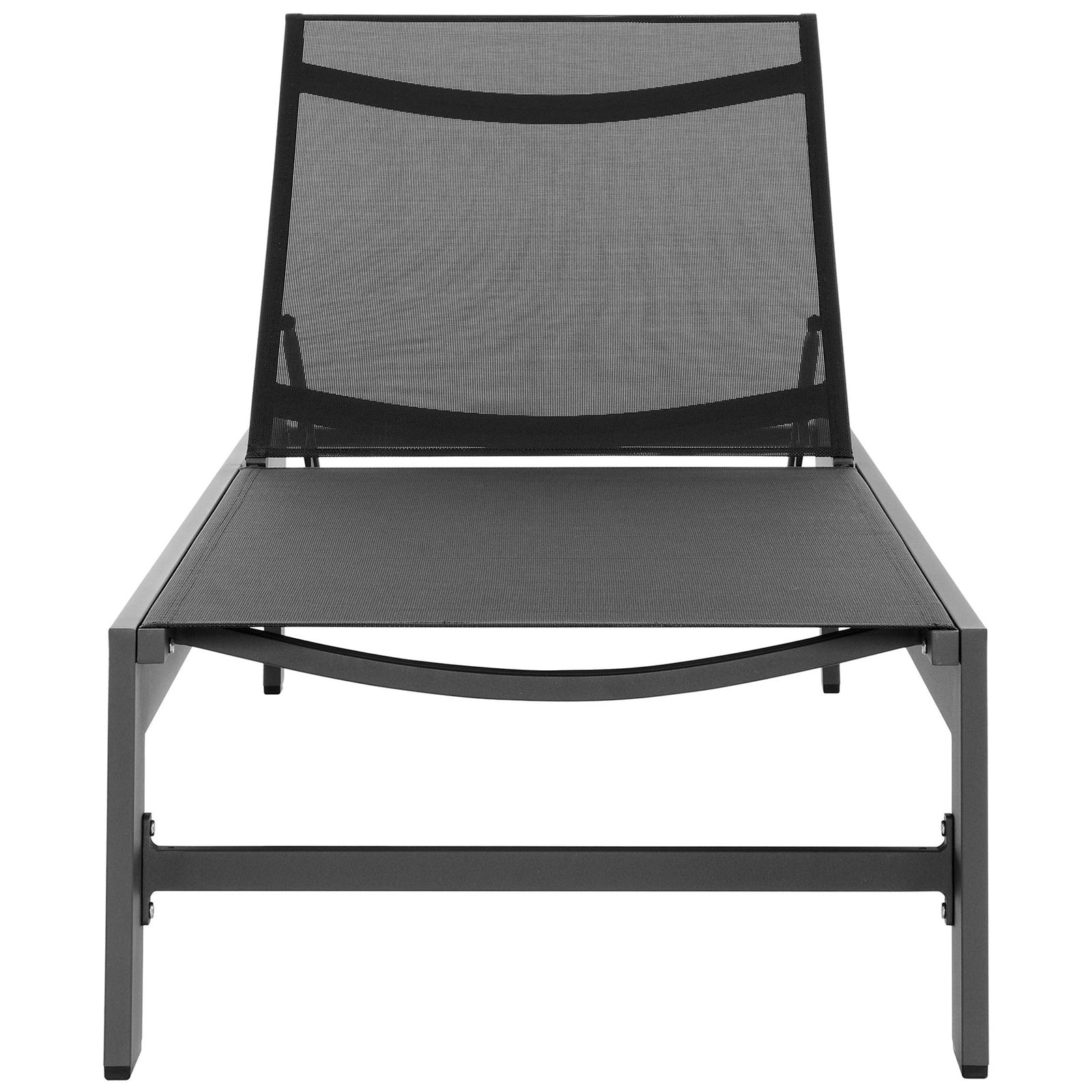 Modern gray mesh chaise lounge with clean lines and elevated platform base for poolside comfort || EEI-7235-GRY || front_studio