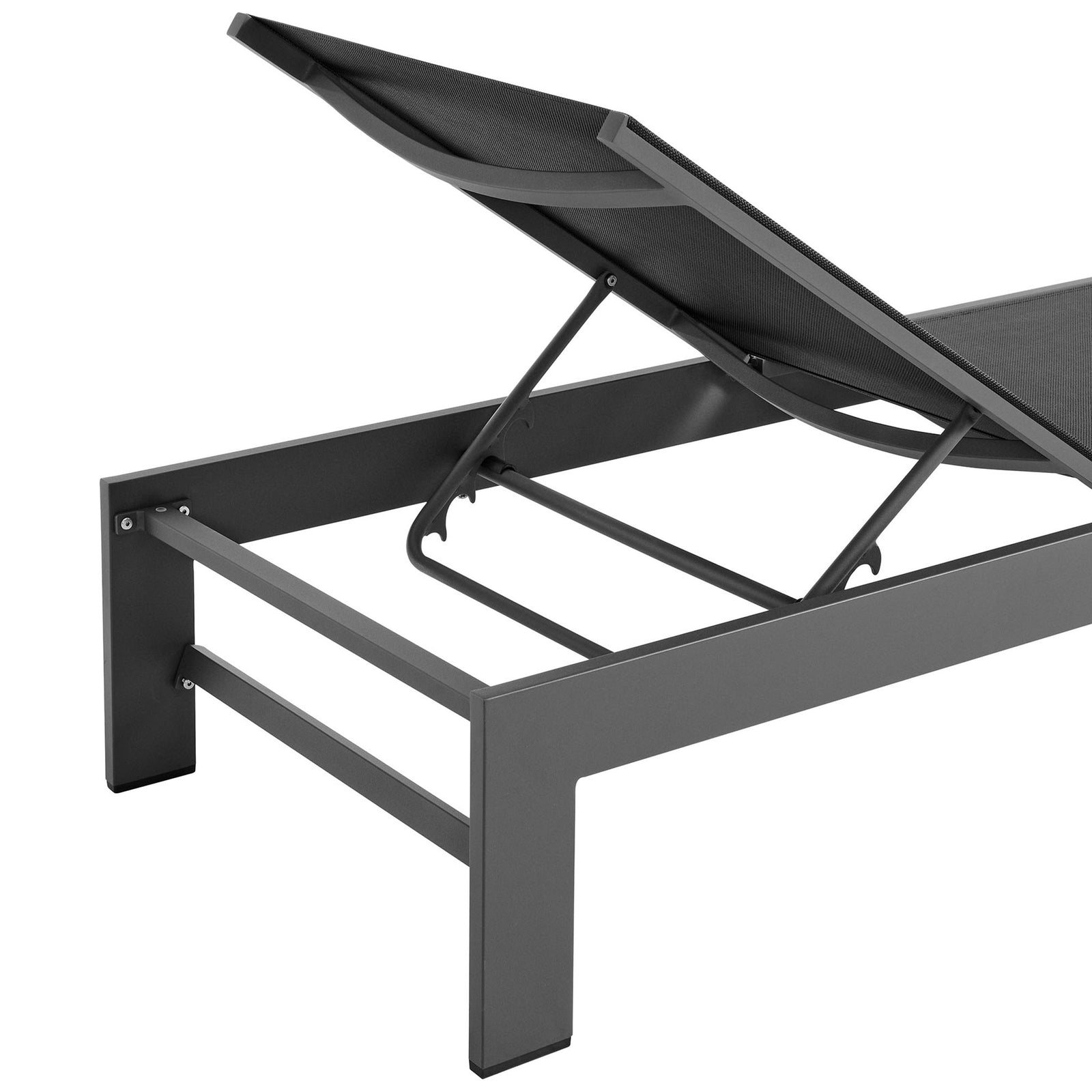 Reclining mechanism connecting the gray mesh seat to the aluminum frame with sturdy metal brackets || EEI-7235-GRY || detail_studio