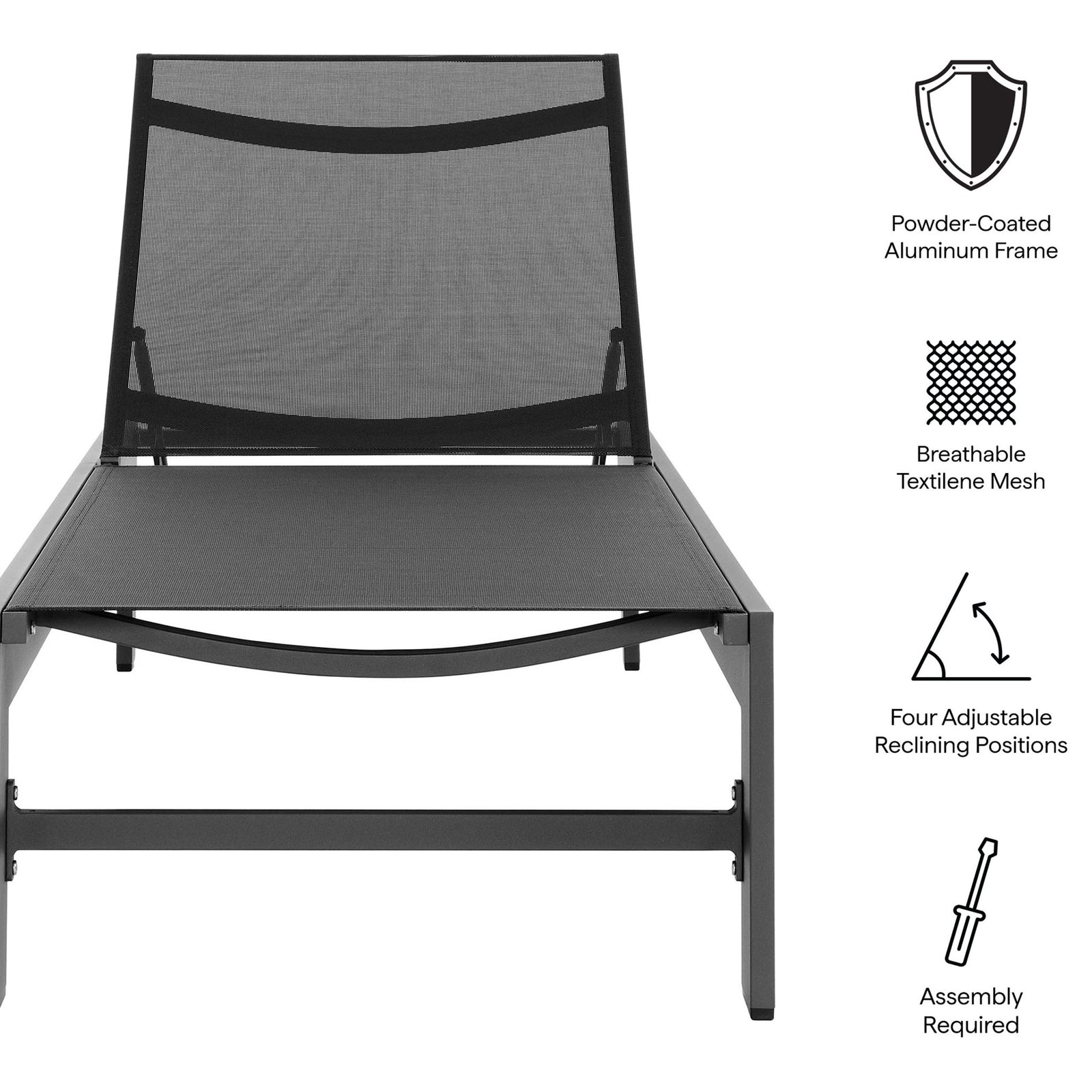 Gray mesh chaise lounge features a powder-coated aluminum frame, breathable mesh, and four reclining positions || EEI-7235-GRY || callout_studio
