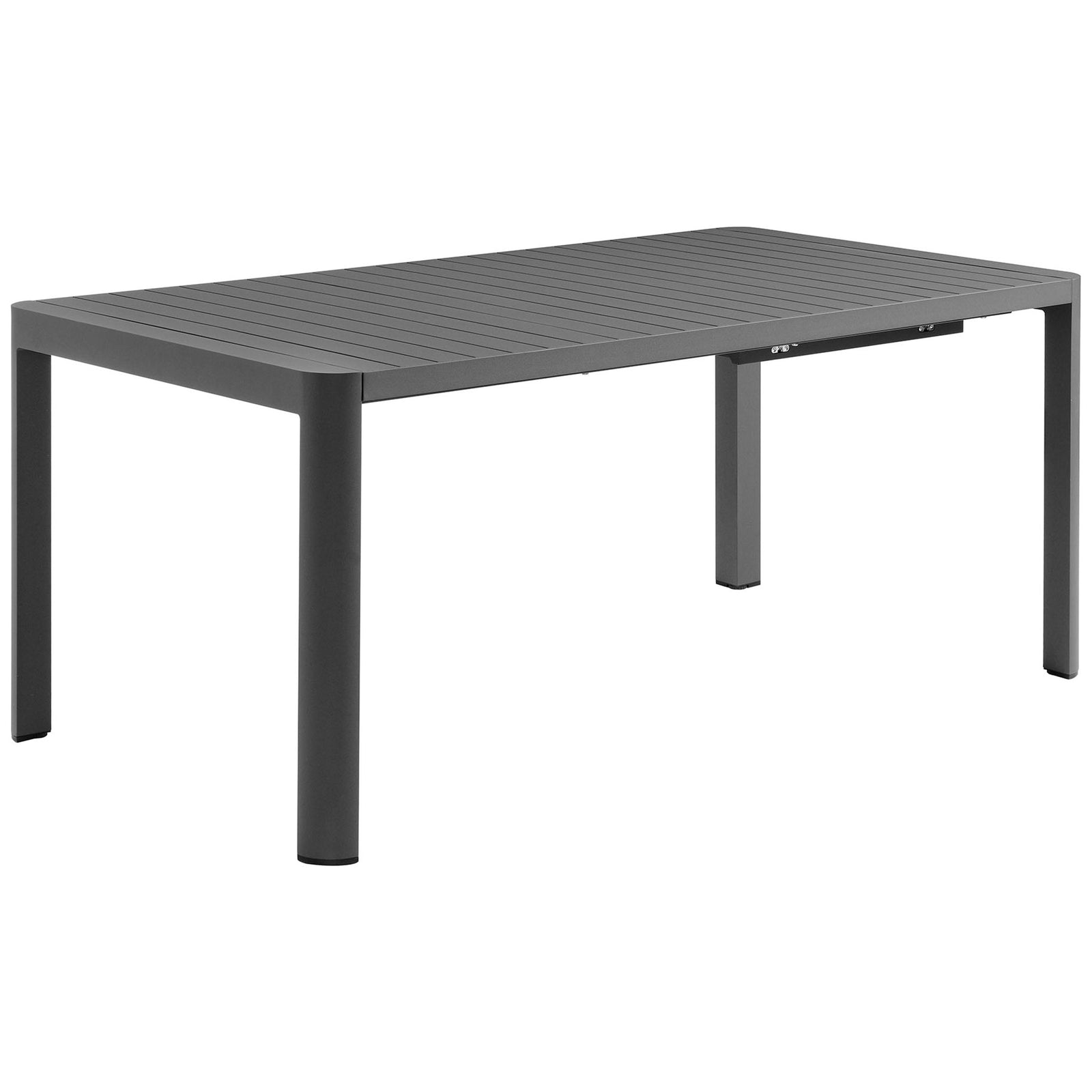Modern gray aluminum patio dining table with streamlined profile and low-maintenance slatted surface. || EEI-7236-GRY || front_angle_studio
