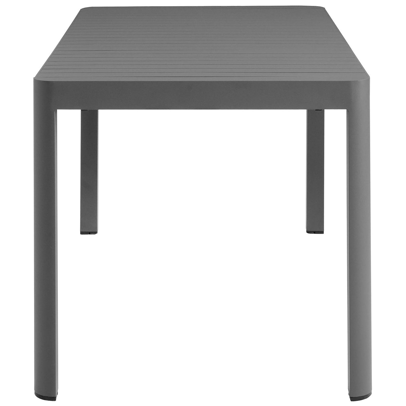 Rectangular outdoor dining table showing sturdy squared legs and slim tabletop depth. || EEI-7236-GRY || side_studio