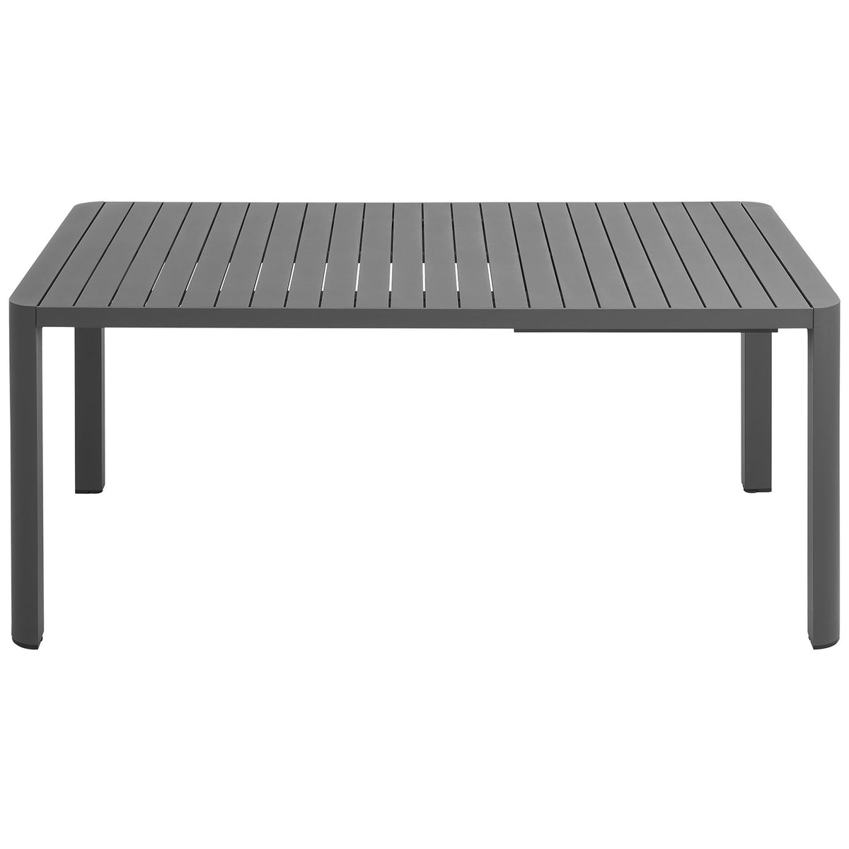 Gray extendable outdoor dining table with clean slatted top and rounded aluminum legs. || EEI-7236-GRY || front_studio