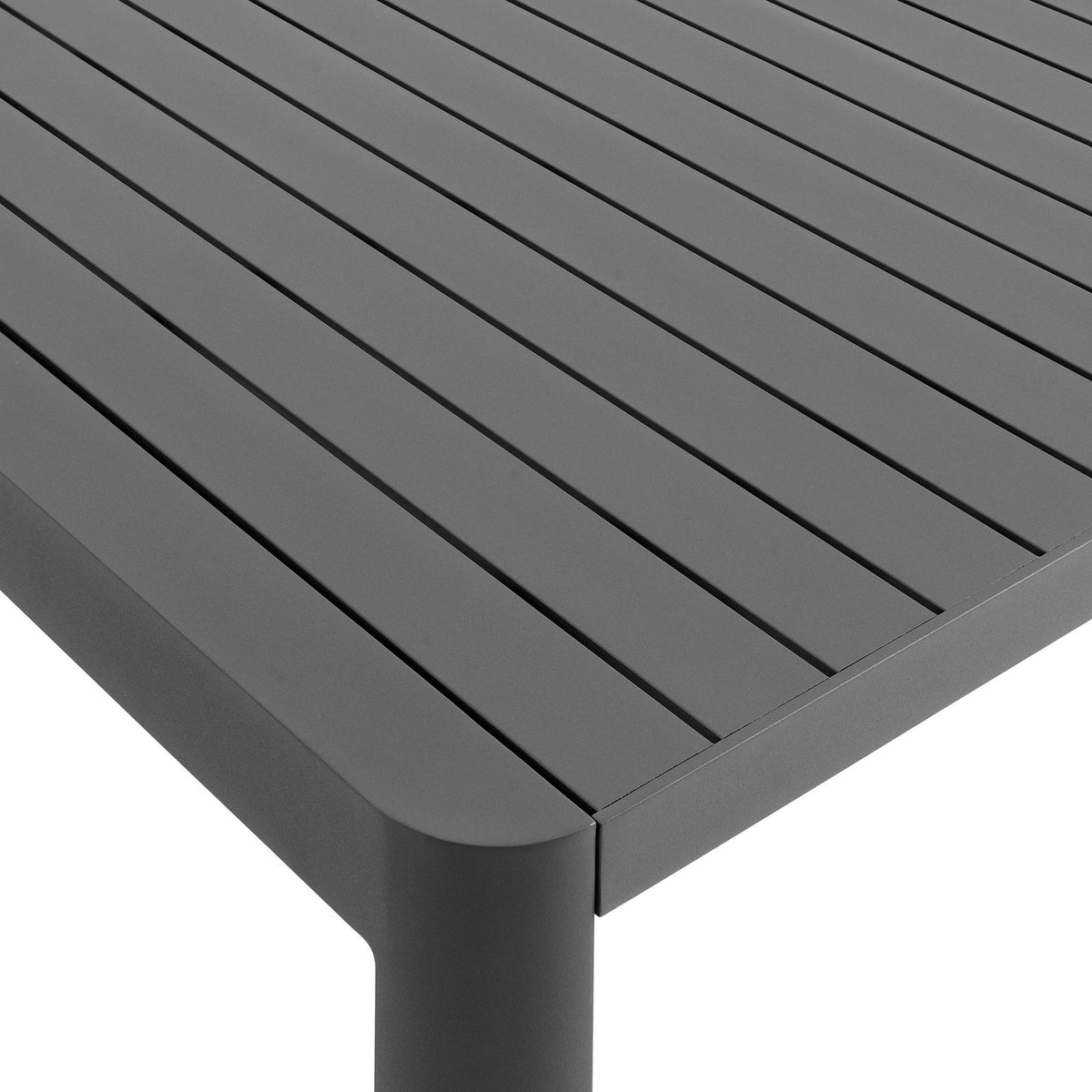 Slatted gray tabletop with smooth powder-coated aluminum finish for easy outdoor care. || EEI-7236-GRY || swatch_studio