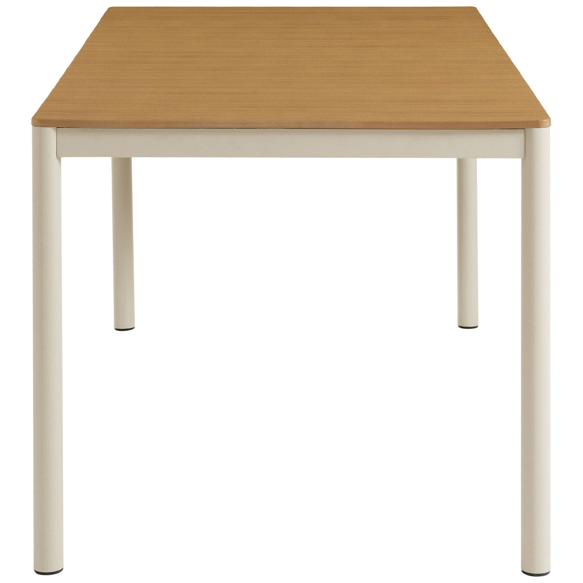 Sturdy cream aluminum legs and natural slatted tabletop for the Finn outdoor dining table || EEI-7237-NAT || side_studio
