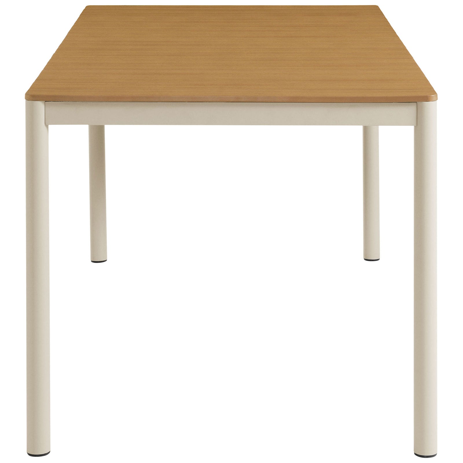 Sturdy cream aluminum legs and natural slatted tabletop for the Finn outdoor dining table || EEI-7237-NAT || side_studio
