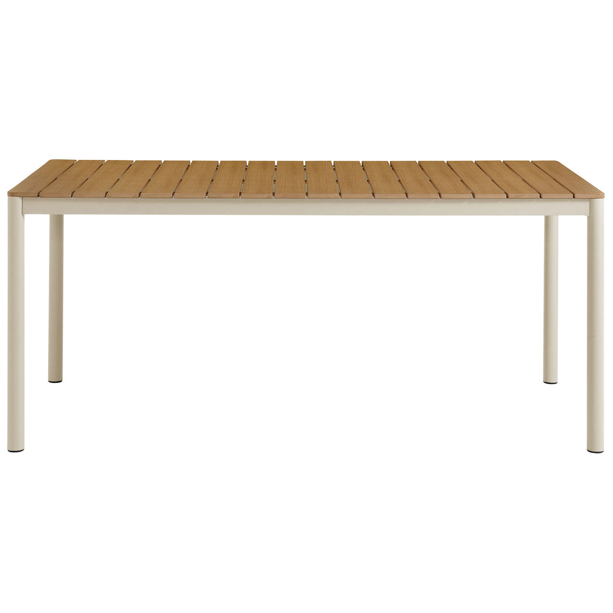 Finn natural faux wood outdoor dining table with clean slatted top and minimalist frame || EEI-7237-NAT || front_studio