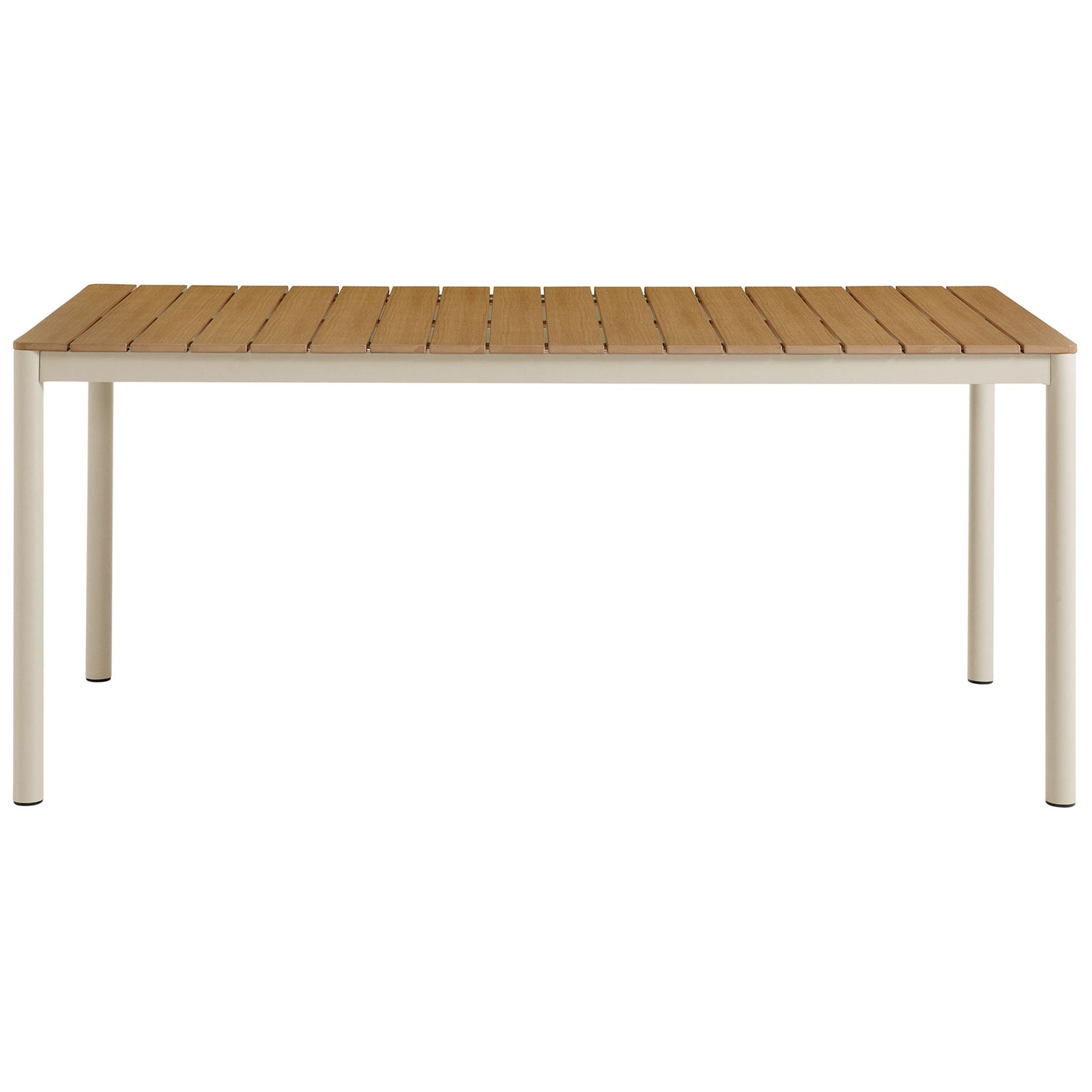 Finn natural faux wood outdoor dining table with clean slatted top and minimalist frame || EEI-7237-NAT || front_studio
