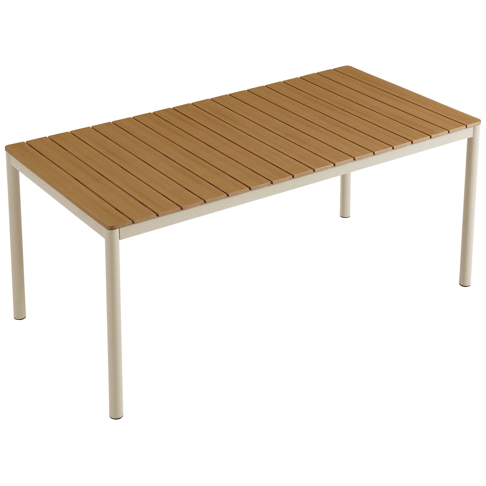 Rectangular 71 inch outdoor dining table with natural slatted top sized to seat six to eight guests || EEI-7237-NAT || top_angle_studio