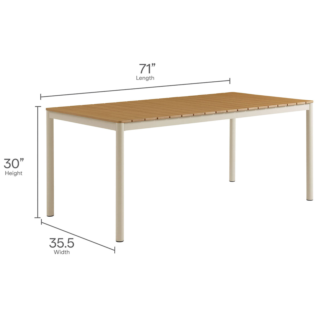 Measurements for Finn outdoor dining table showing 71 inch length, 35.5 inch width, and 30 inch height || EEI-7237-NAT || dimension_studio