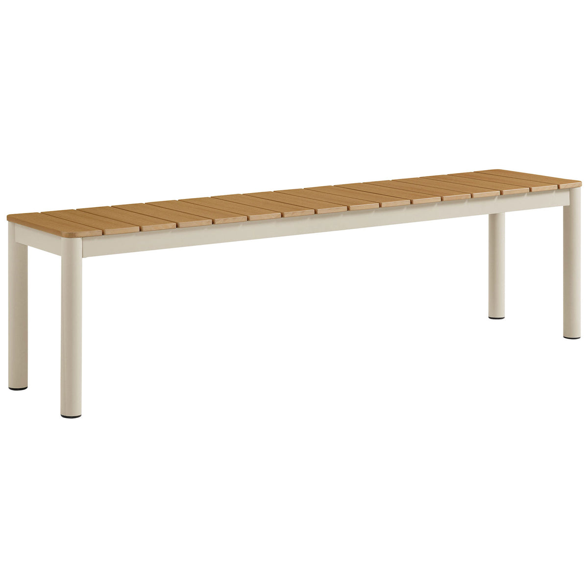 63 inch outdoor bench with warm slatted top and rounded legs for versatile patio seating || EEI-7238-NAT || front_angle_studio
