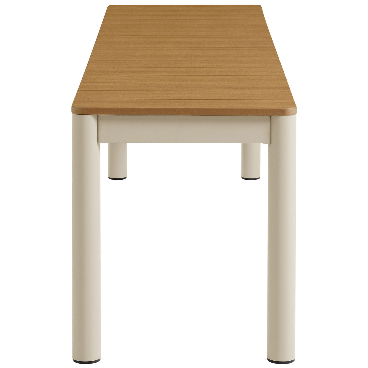 Finn outdoor bench showing rounded corners, slim faux wood planks, and sturdy cylindrical legs || EEI-7238-NAT || side_studio