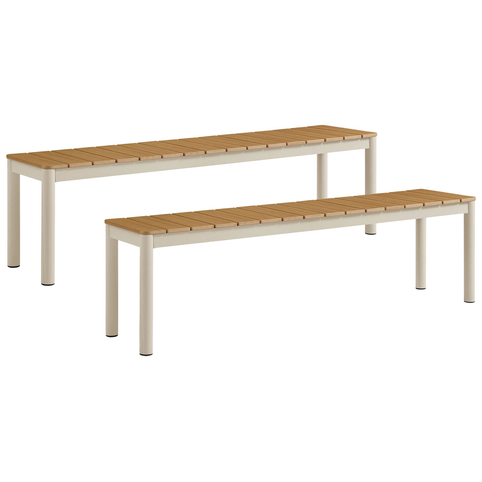 Set of two coordinated patio benches with matching natural slatted tops and cream metal frames || EEI-7238-NAT || front_multi_studio