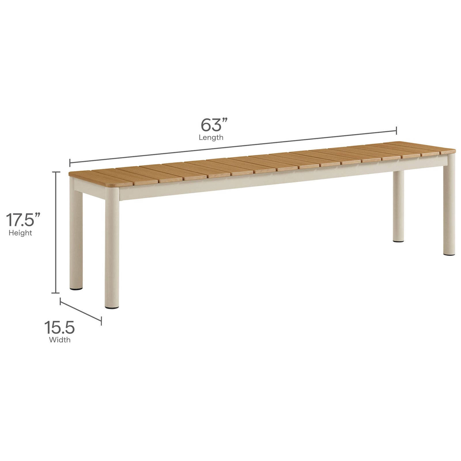 Dimension diagram of the Finn outdoor bench showing 63 inch length, 15.5 inch width, and 17.5 inch height || EEI-7238-NAT || dimension_studio