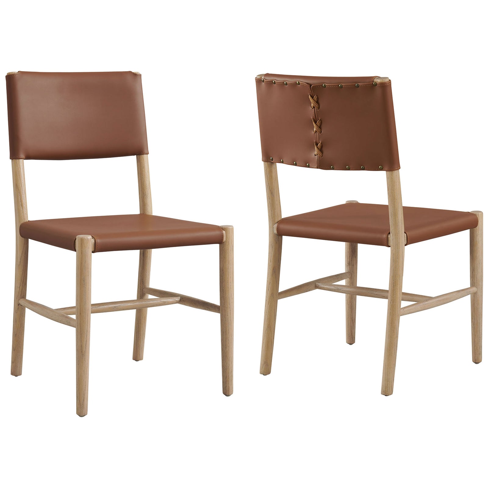 Set of two vegan leather dining chairs highlights natural wood frames and distinctive laced back detailing || EEI-7240-NAT-SDL || front_angle_multi_studio