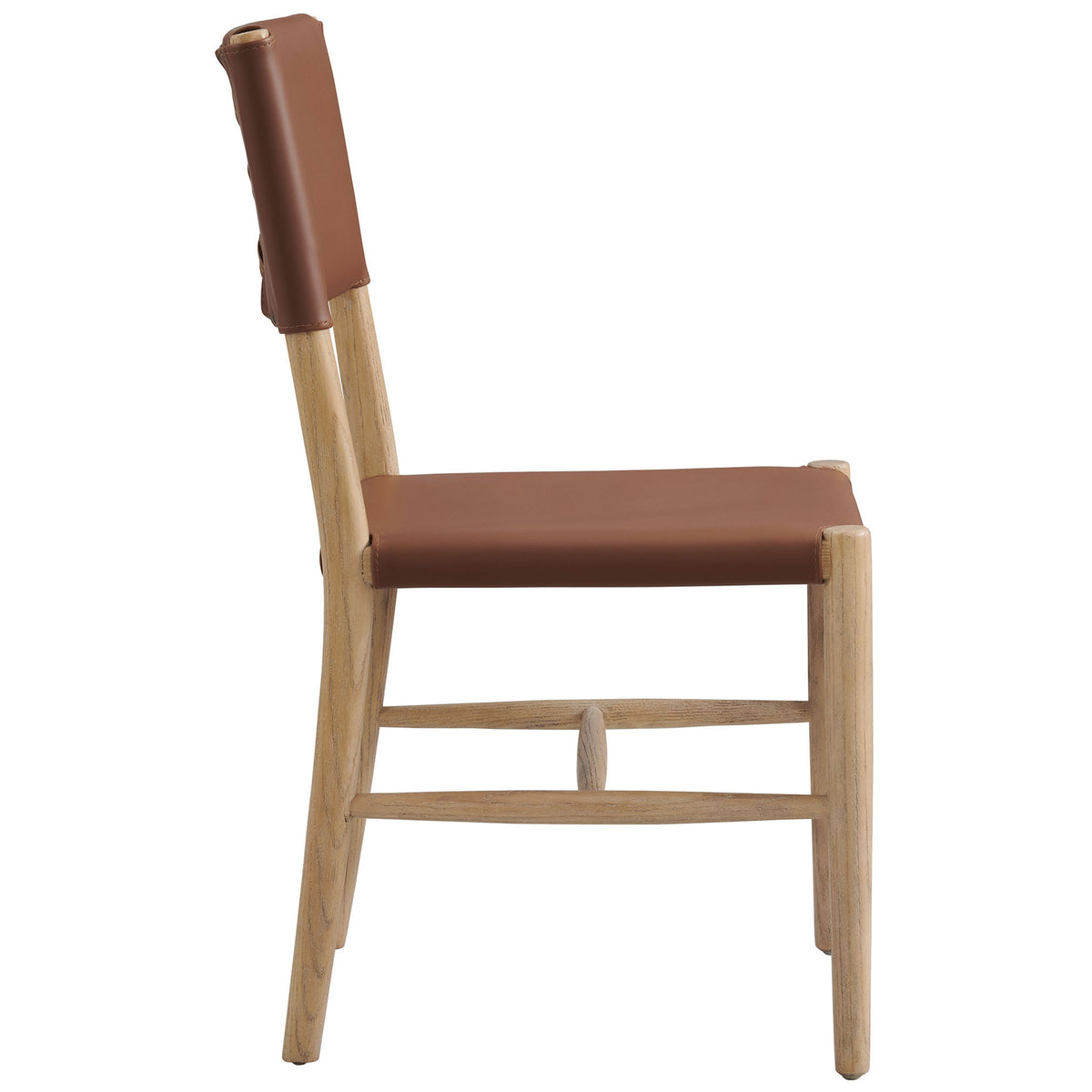 Streamlined armless dining chair shows slim profile, vegan leather cushioning, and tapered wood legs || EEI-7240-NAT-SDL || side_studio