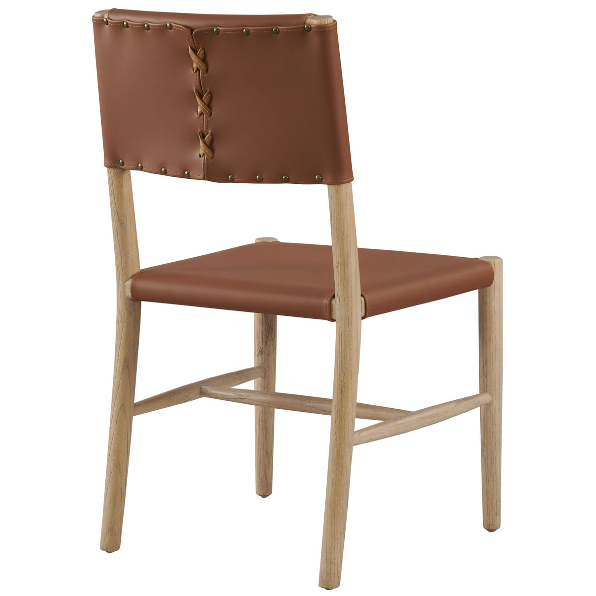 Dining chair featuring wraparound vegan leather backrest with rustic laced detail and nailhead accents || EEI-7240-NAT-SDL || back_angle_studio