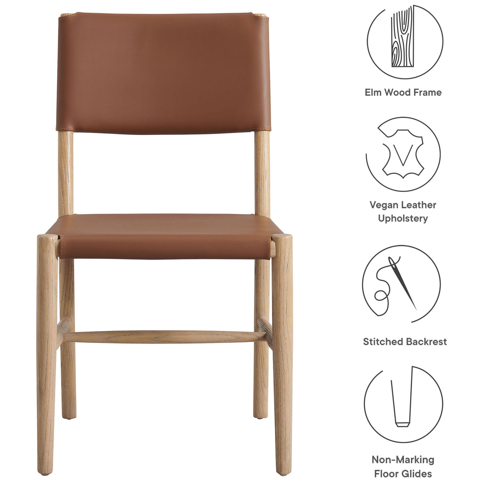 Feature graphic of vegan leather dining chair with elm wood frame, stitched backrest, and floor-friendly glides || EEI-7240-NAT-SDL || callout_studio