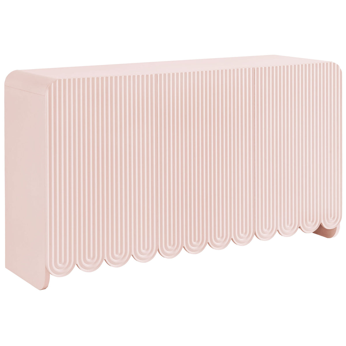 Soft pink Dahlia credenza with rounded waterfall corners and continuous fluted front pattern || EEI-7241-PNK || front_angle_studio