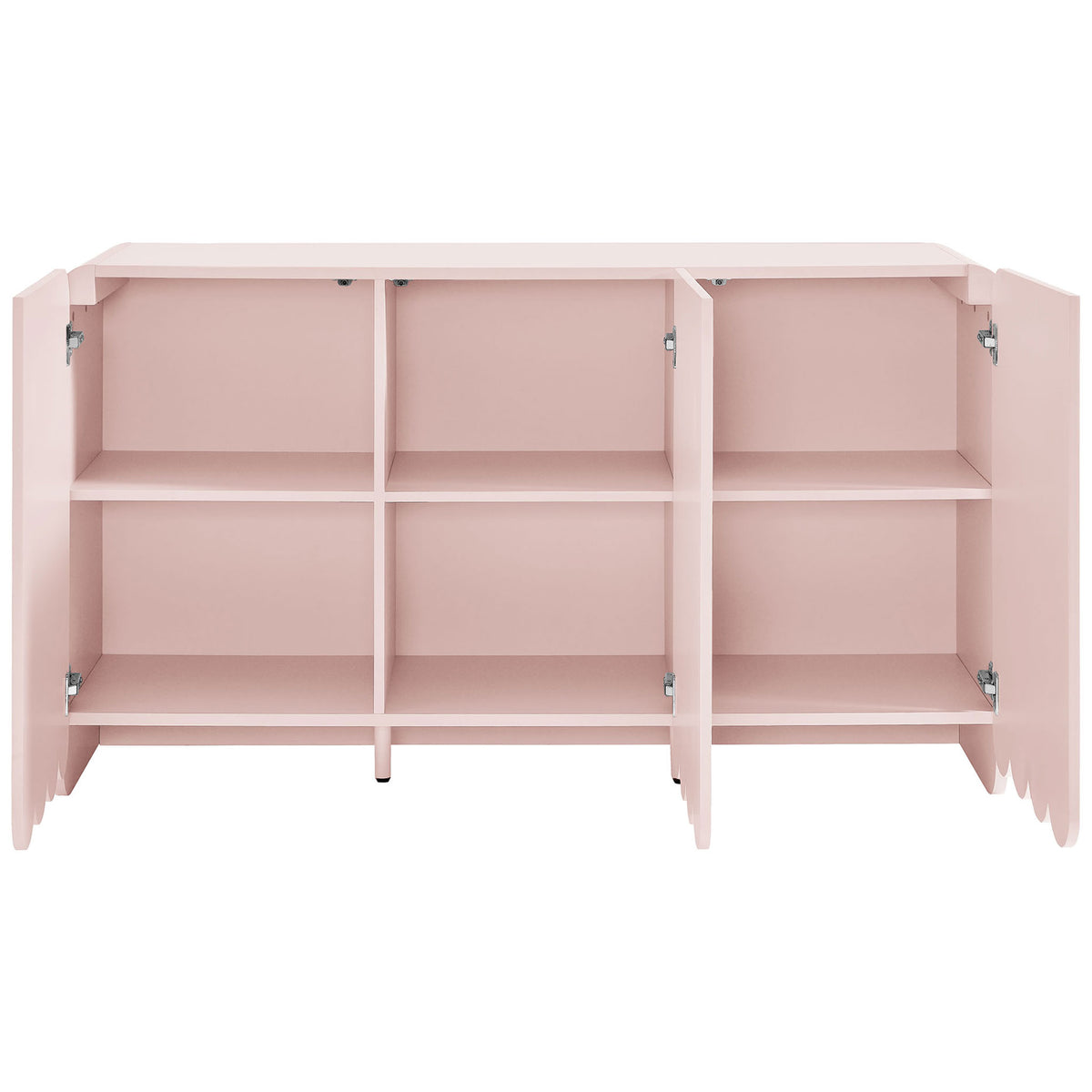 Cabinet doors open to reveal spacious six-cube storage with adjustable shelves for versatile organization || EEI-7241-PNK || front_open_studio