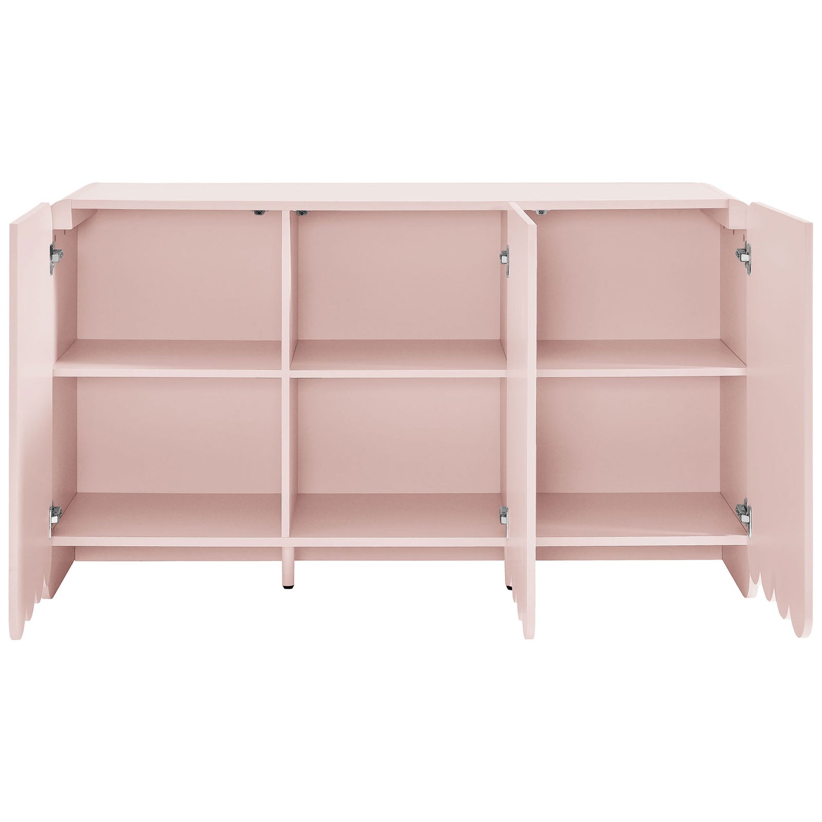 Cabinet doors open to reveal spacious six-cube storage with adjustable shelves for versatile organization || EEI-7241-PNK || front_open_studio