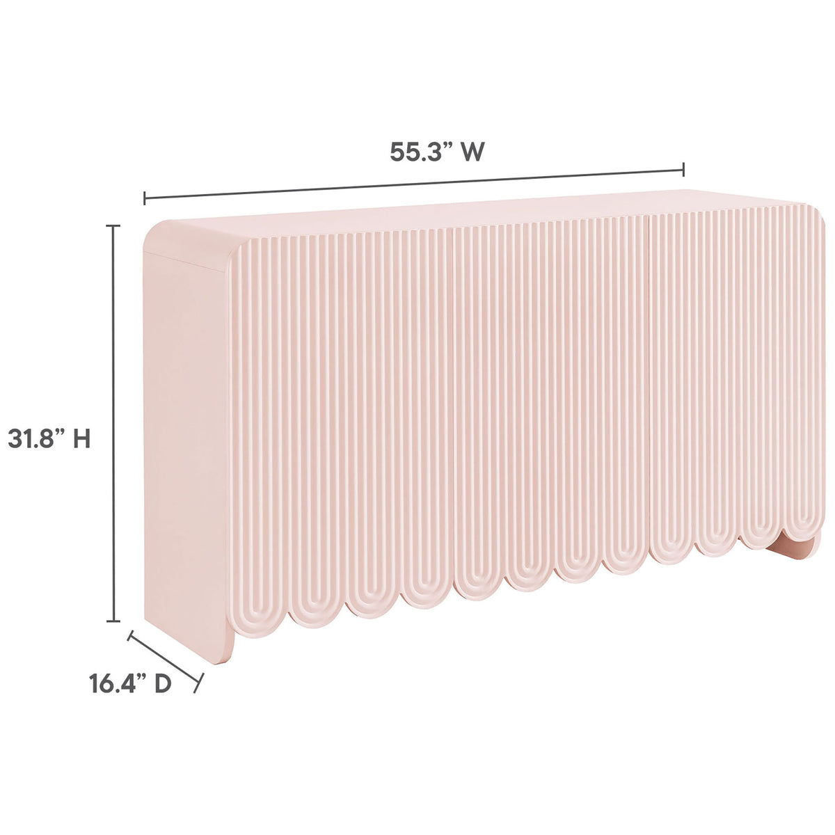 Soft pink Dahlia sideboard measures just over 55 inches wide, 32 inches high, and 16 inches deep || EEI-7241-PNK || dimension_studio