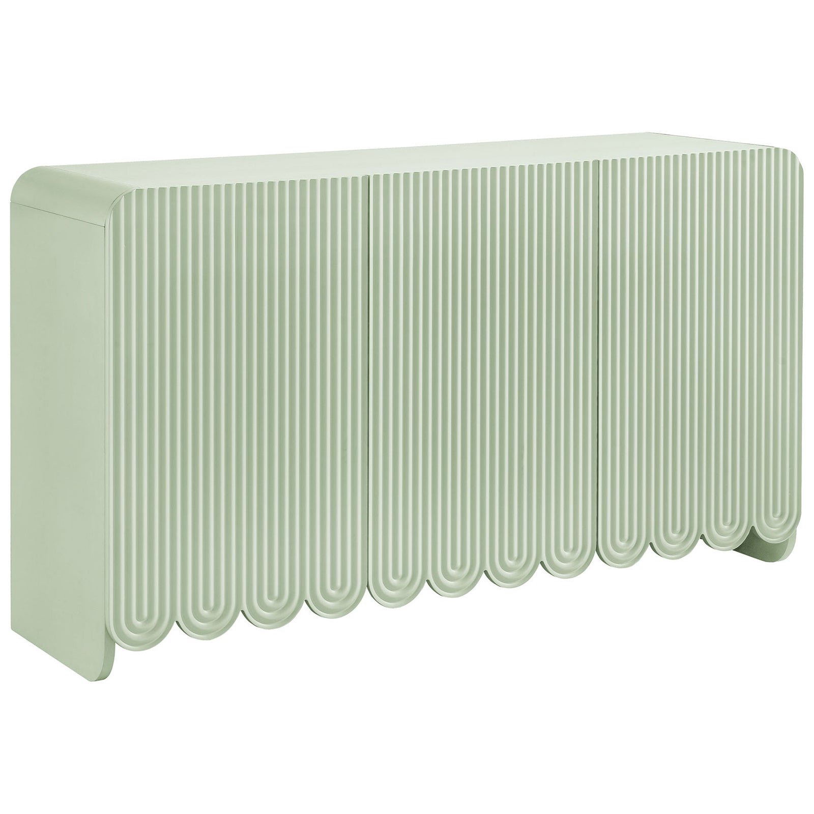 Waterfall edge Dahlia sideboard in soft sage green with fluted doors and scalloped skirt || EEI-7241-SGE || front_angle_studio