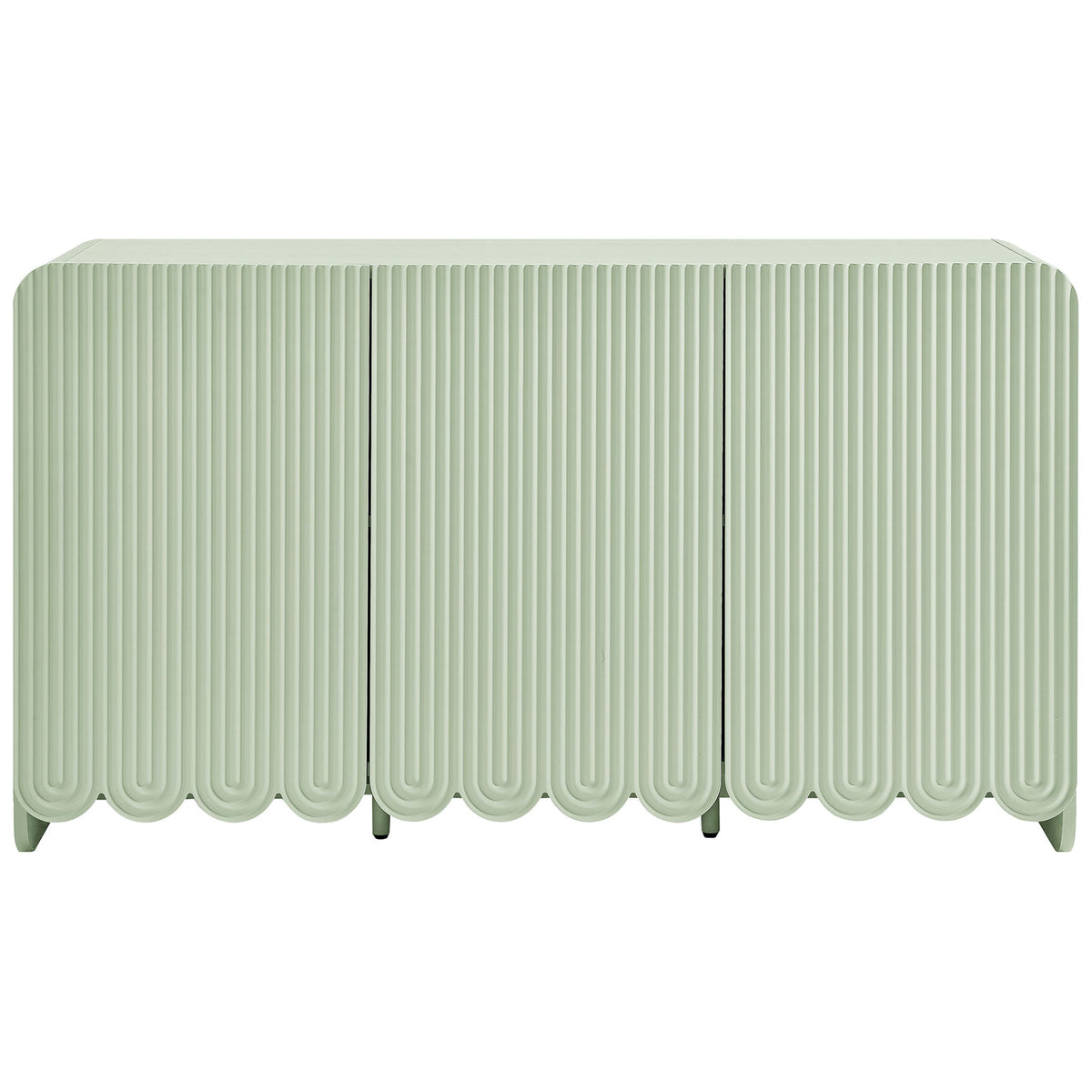Sage green Dahlia fluted sideboard cabinet with scalloped base and three push-to-open doors || EEI-7241-SGE || front_studio