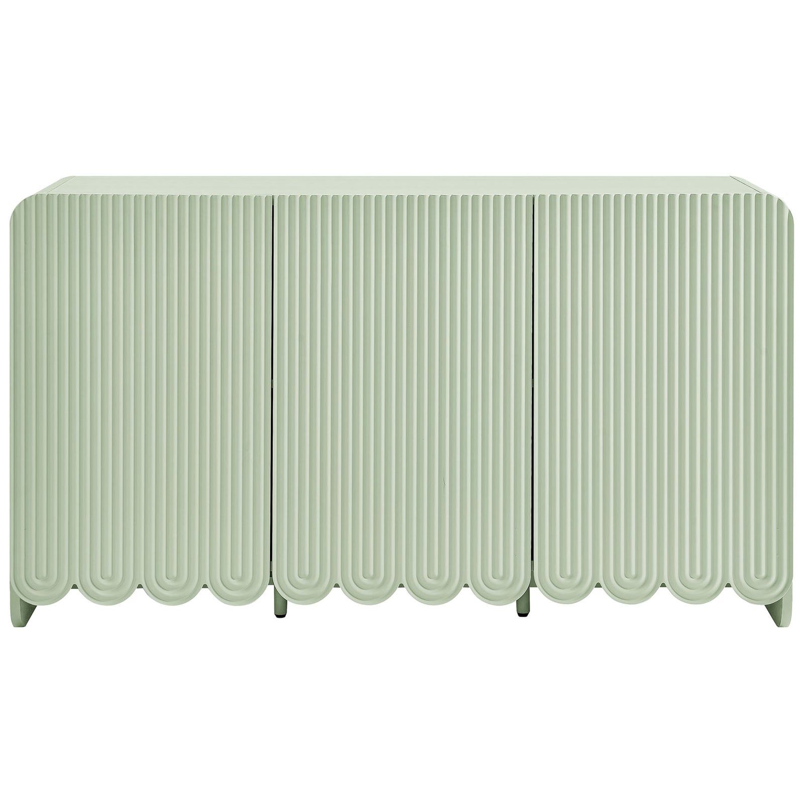 Sage green Dahlia fluted sideboard cabinet with scalloped base and three push-to-open doors || EEI-7241-SGE || front_studio