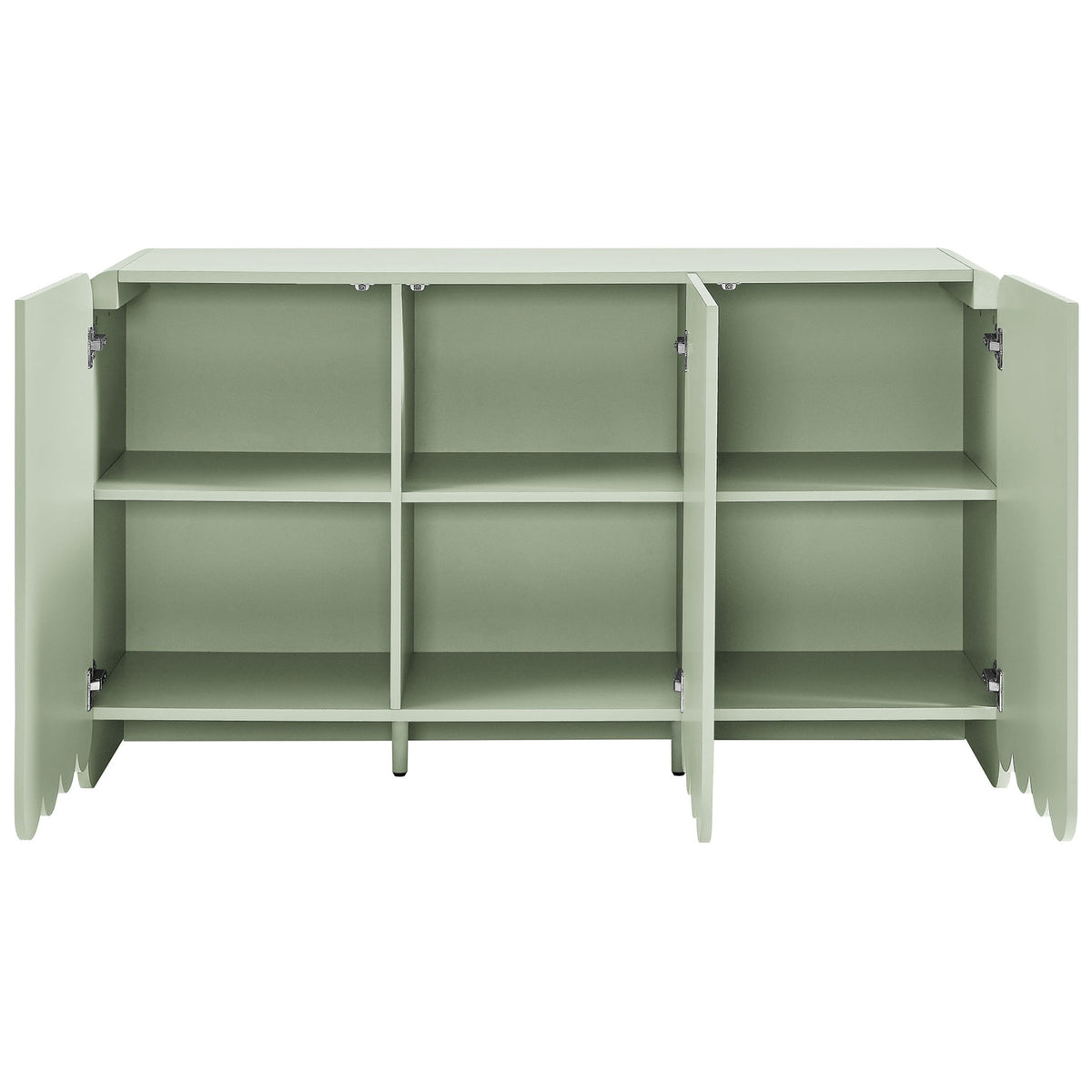 Spacious sage green sideboard with three open doors revealing six adjustable storage compartments || EEI-7241-SGE || front_open_studio