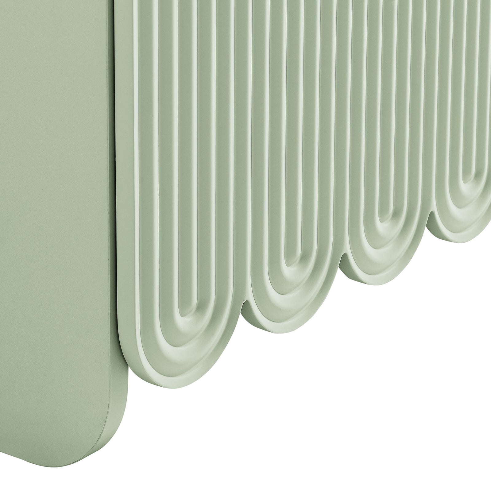Sculpted fluted door design and scalloped base detail in a fresh sage green finish || EEI-7241-SGE || detail_studio