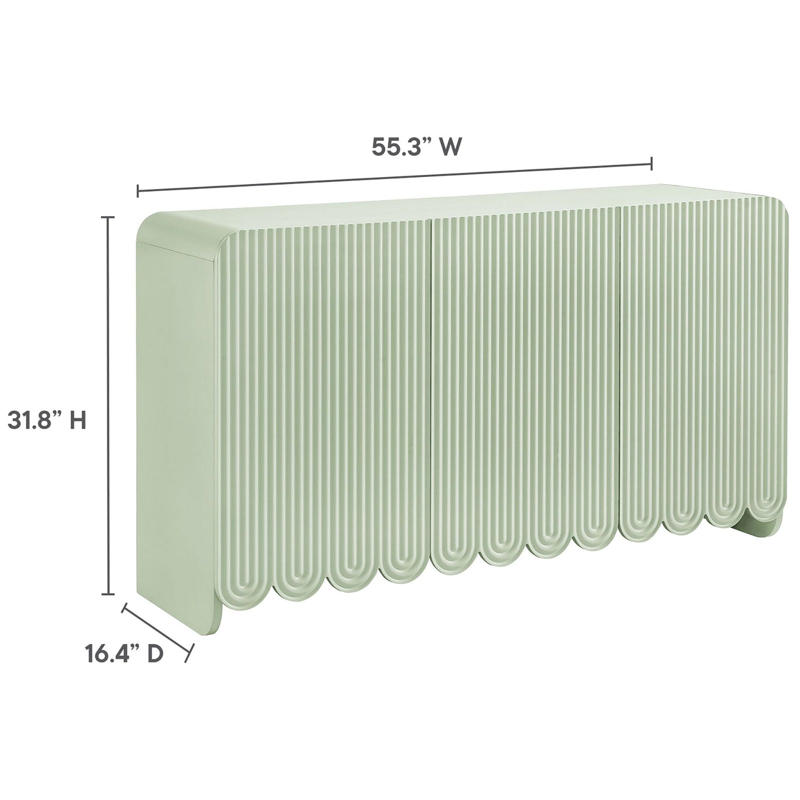 Dimension diagram of the Dahlia fluted sideboard cabinet in sage green with scalloped base || EEI-7241-SGE || dimension_studio