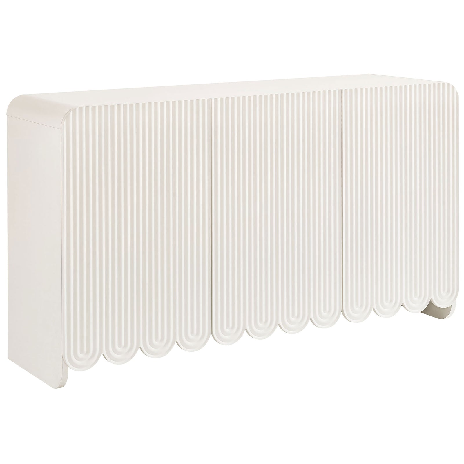 White fluted sideboard with scalloped base and rounded waterfall edges for playful modern charm || EEI-7241-WHI || front_angle_studio