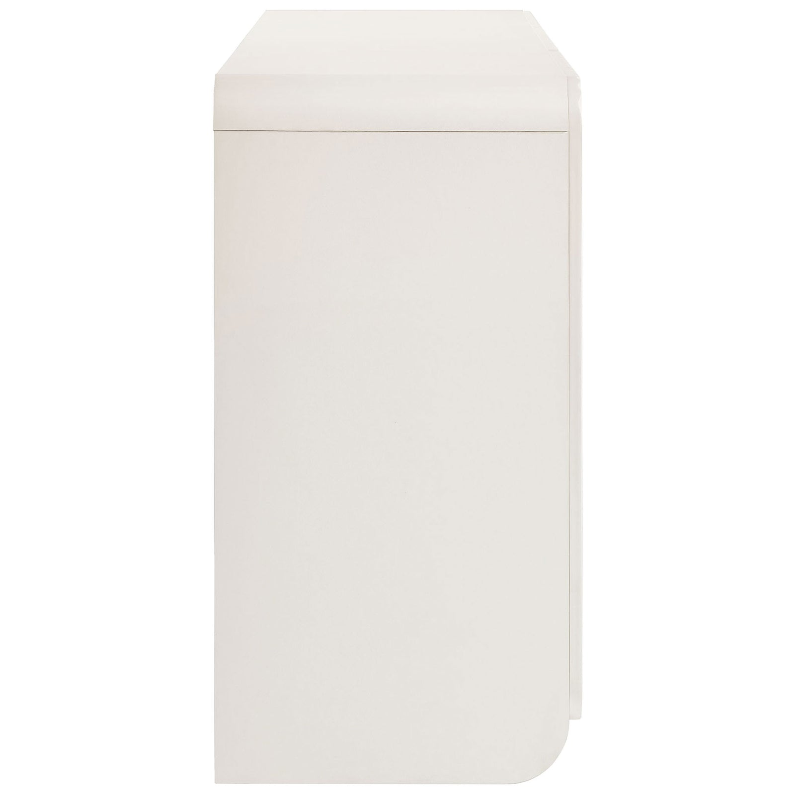 Slim white sideboard profile highlighting smooth wraparound waterfall edges || EEI-7241-WHI || side_studio