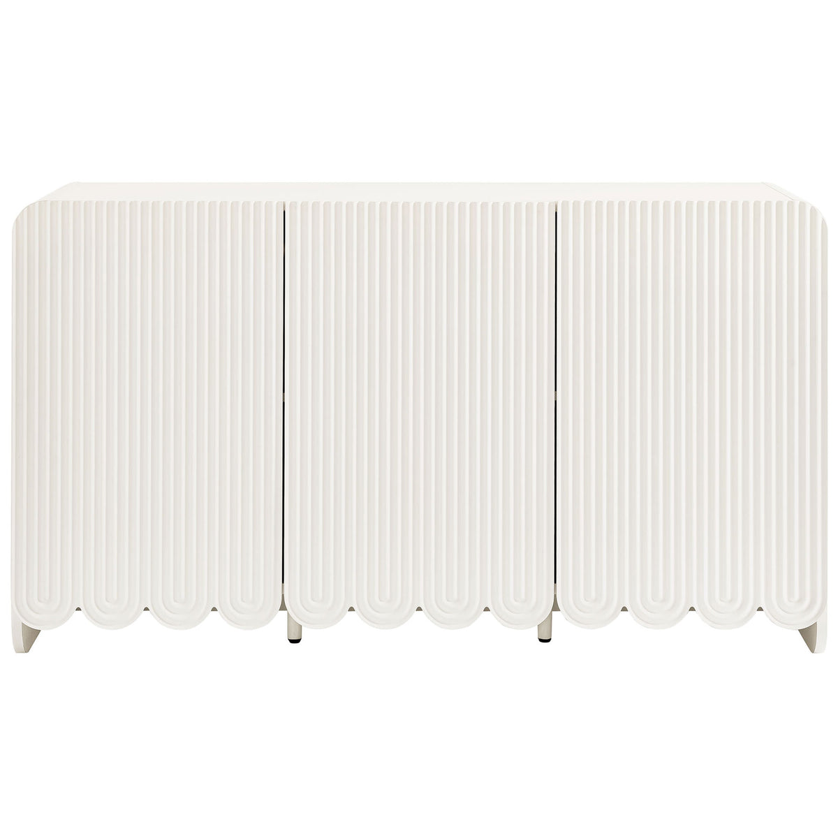 White fluted three-door sideboard with scalloped base and subtle center support legs || EEI-7241-WHI || front_studio