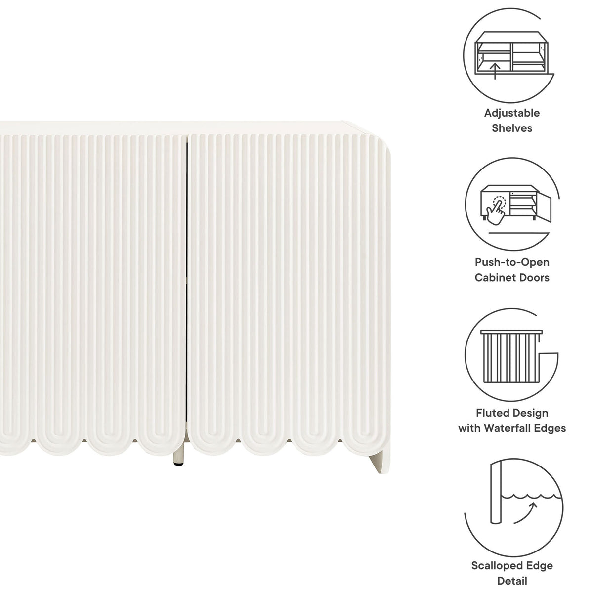 Feature graphic highlighting adjustable shelves, push-to-open doors, fluted design, and scalloped edge detail || EEI-7241-WHI || callout_studio