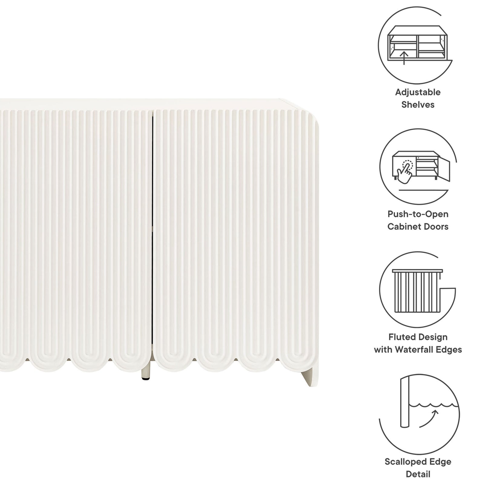 Feature graphic highlighting adjustable shelves, push-to-open doors, fluted design, and scalloped edge detail || EEI-7241-WHI || callout_studio
