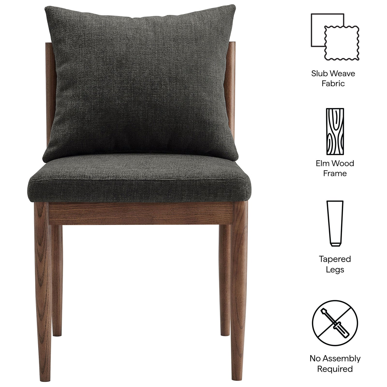 Remington dining chair showcasing slub weave fabric, elm wood frame, tapered legs, and no-assembly design. || EEI-7242-CHA || callout_studio