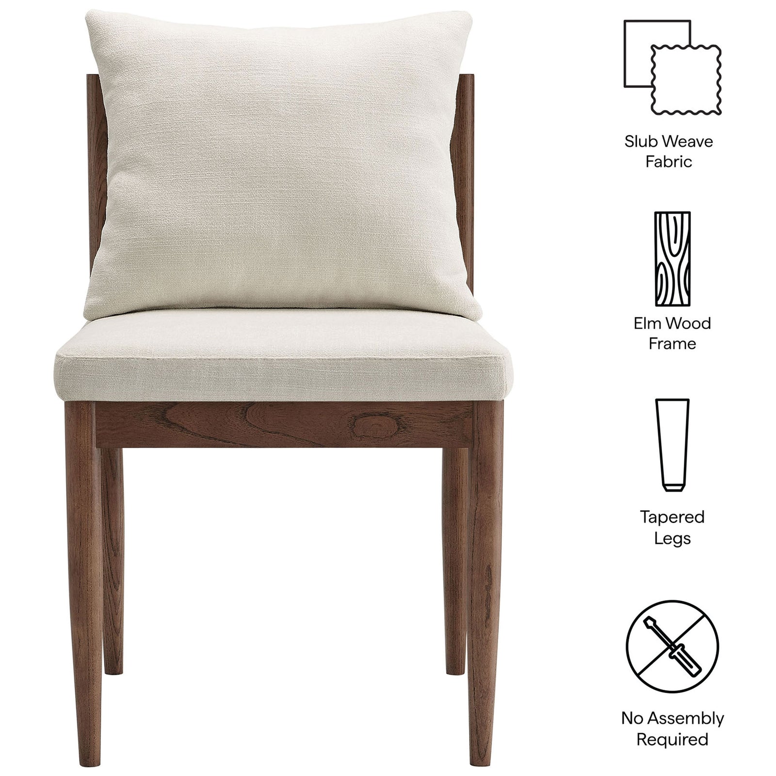 Slub weave fabric, elm wood frame, tapered legs, and no-assembly design highlight this dining chair. || EEI-7242-SAL || callout_studio