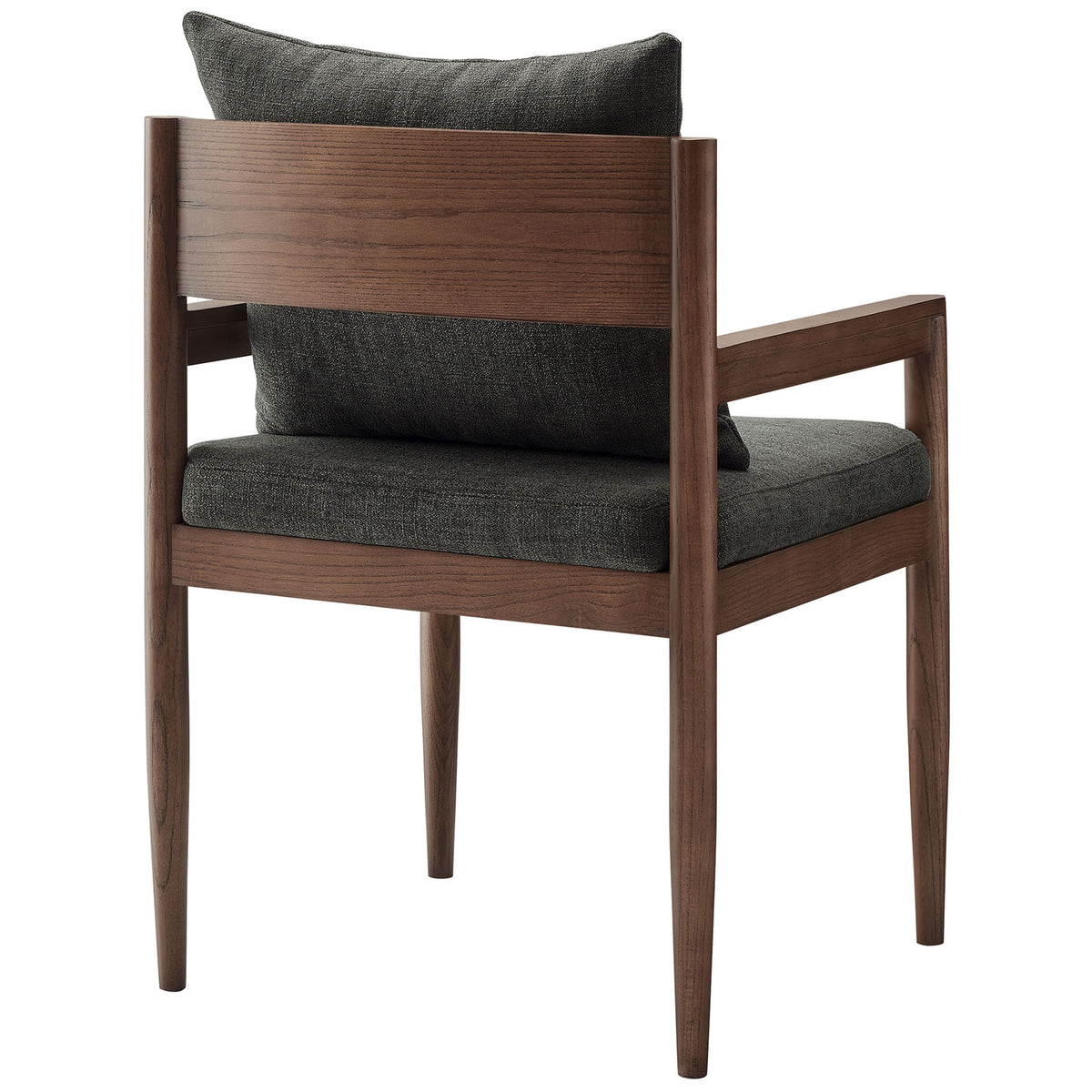 Dining armchair showing warm elm wood backrest with charcoal pillow and tapered legs || EEI-7243-CHA || back_angle_studio