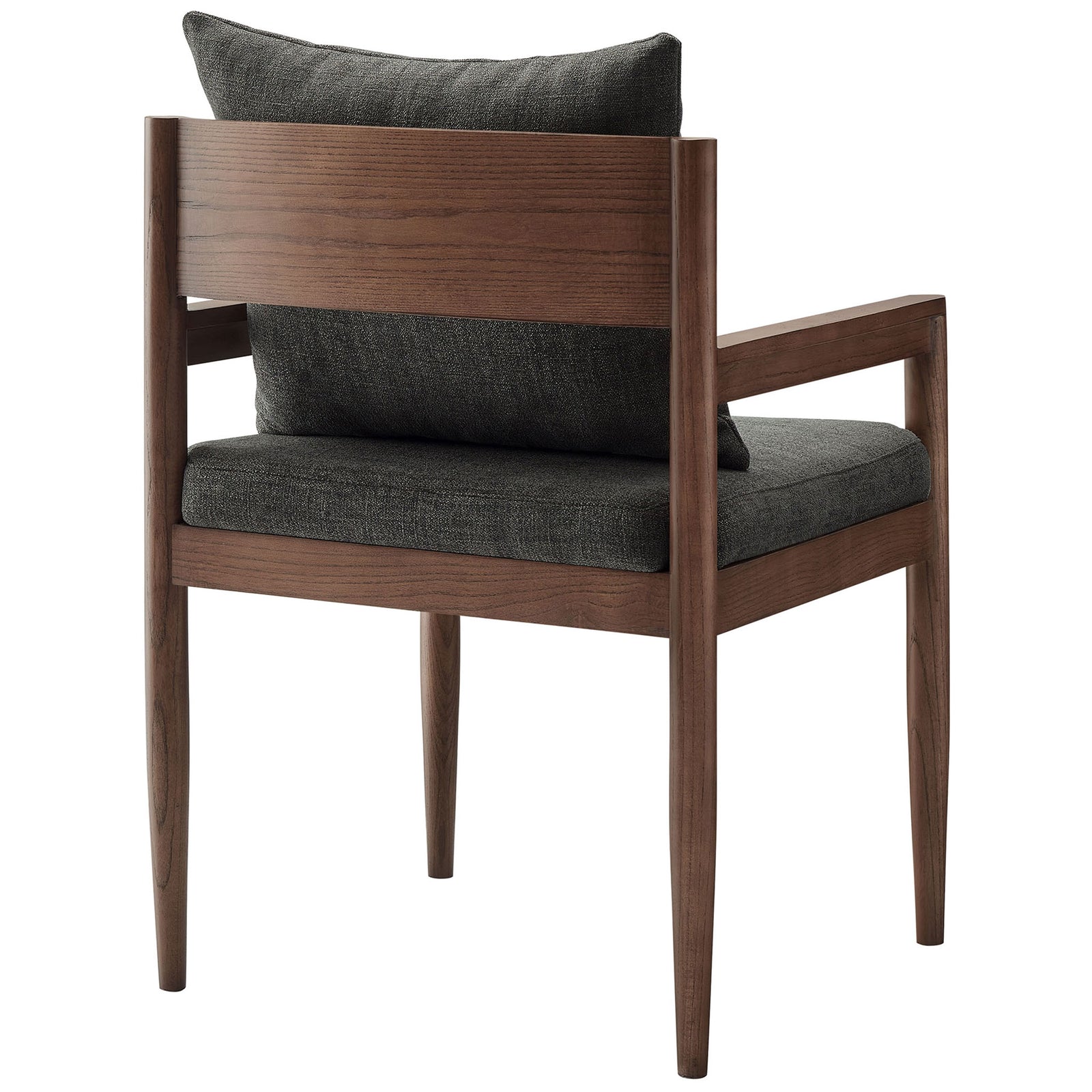 Dining armchair showing warm elm wood backrest with charcoal pillow and tapered legs || EEI-7243-CHA || back_angle_studio